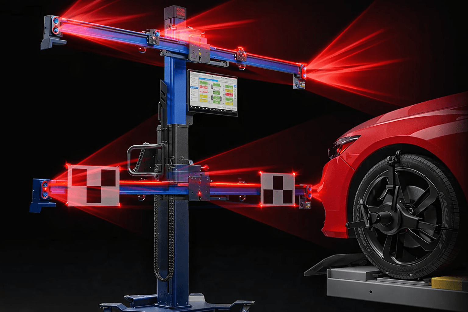 ADAS calibration equipment with laser alignment at a repair shop